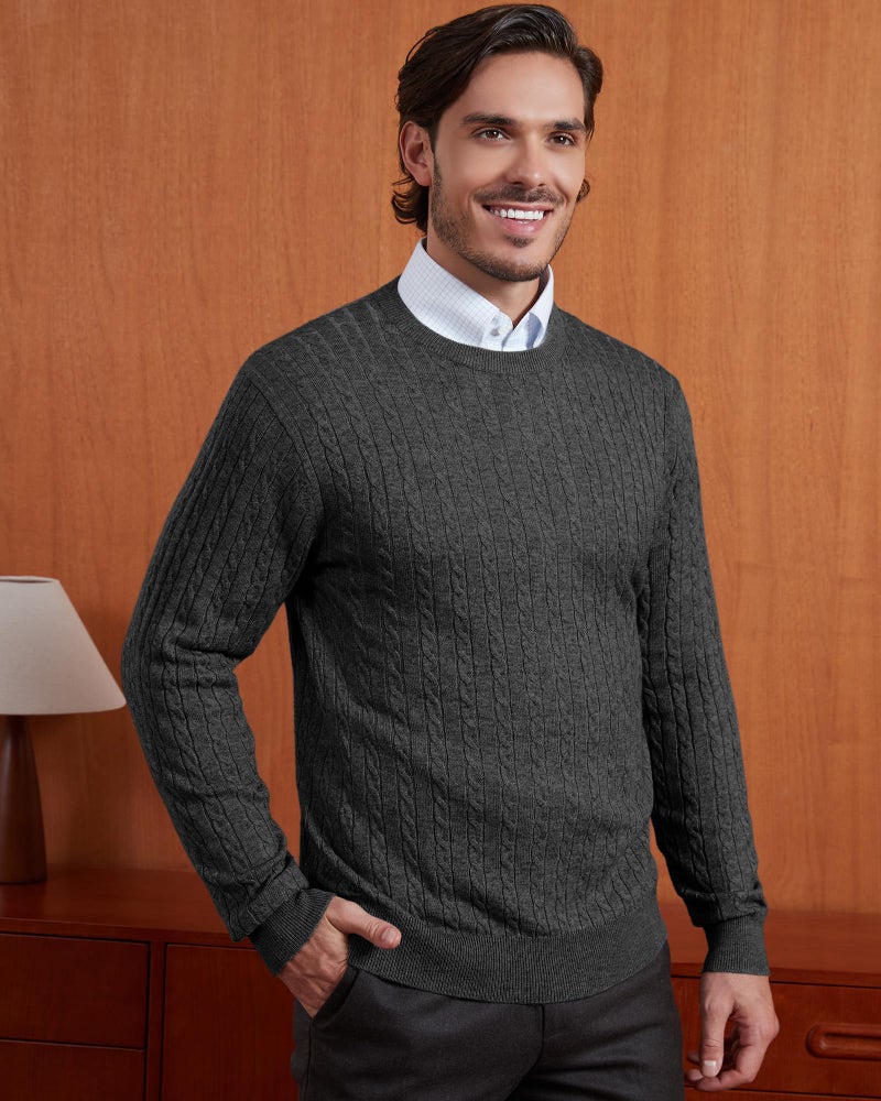 Kallspin Men's Cable Knit Crewneck Sweater Pullovers Wool Blend Relax Fit Knitwear (Charcoal, X-Large) - Image 5